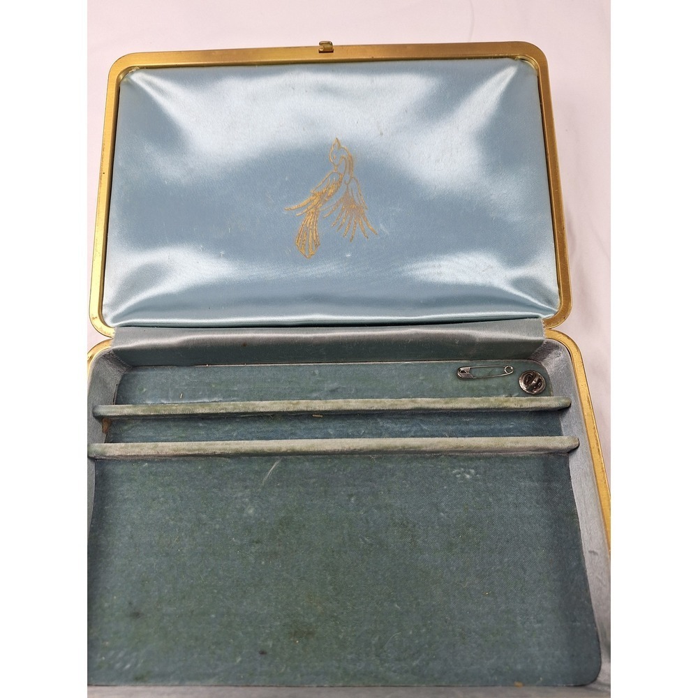 Vintage Blue Silk Brocade Jewelry Box Gold Floral Bird Pattern with Key - Picture 3 of 13